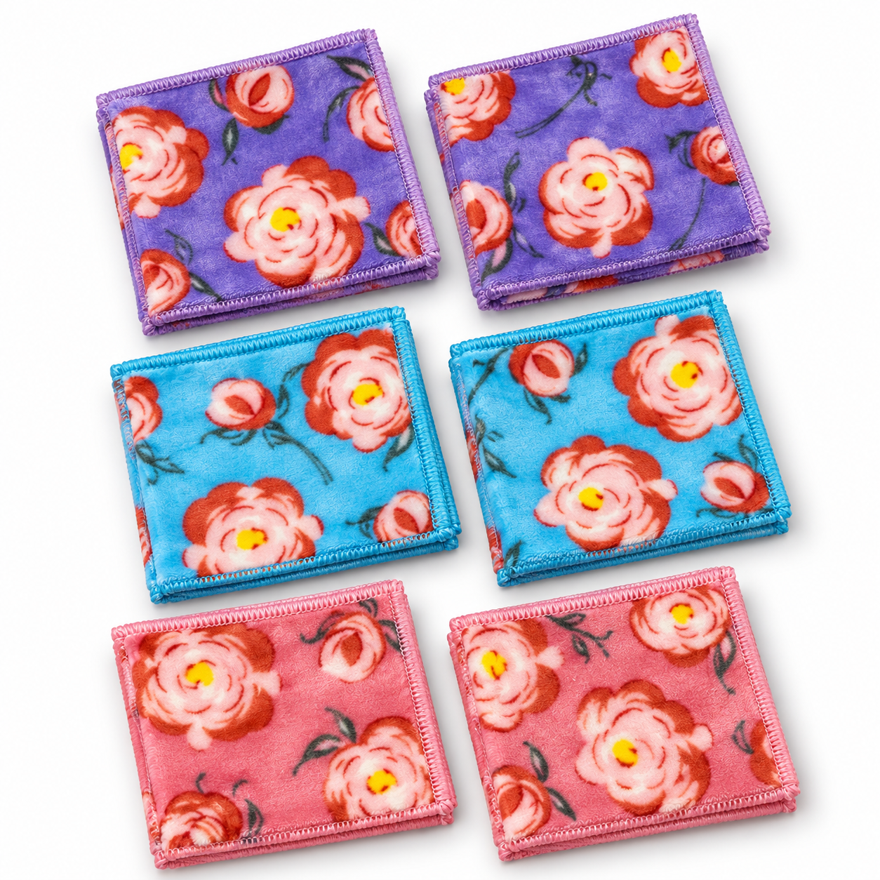 Six floral baby kerchiefs in blue, pink and purple
