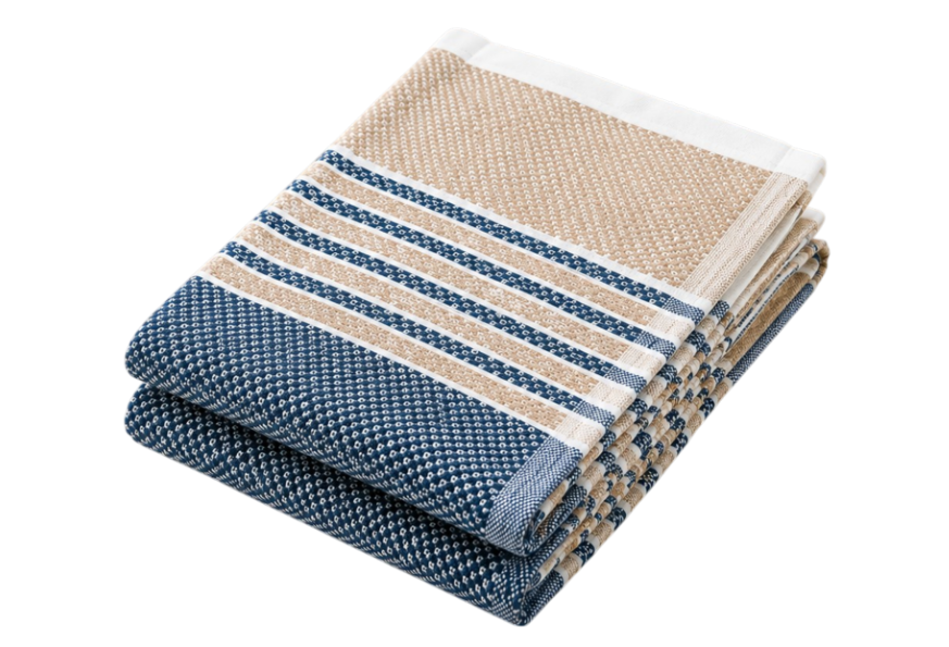 Clearly shown folded beige and navy bath towel