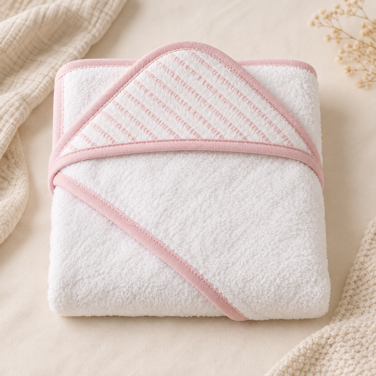 Premium white and pastel pink baby wrap towel folded on a warm studio surface