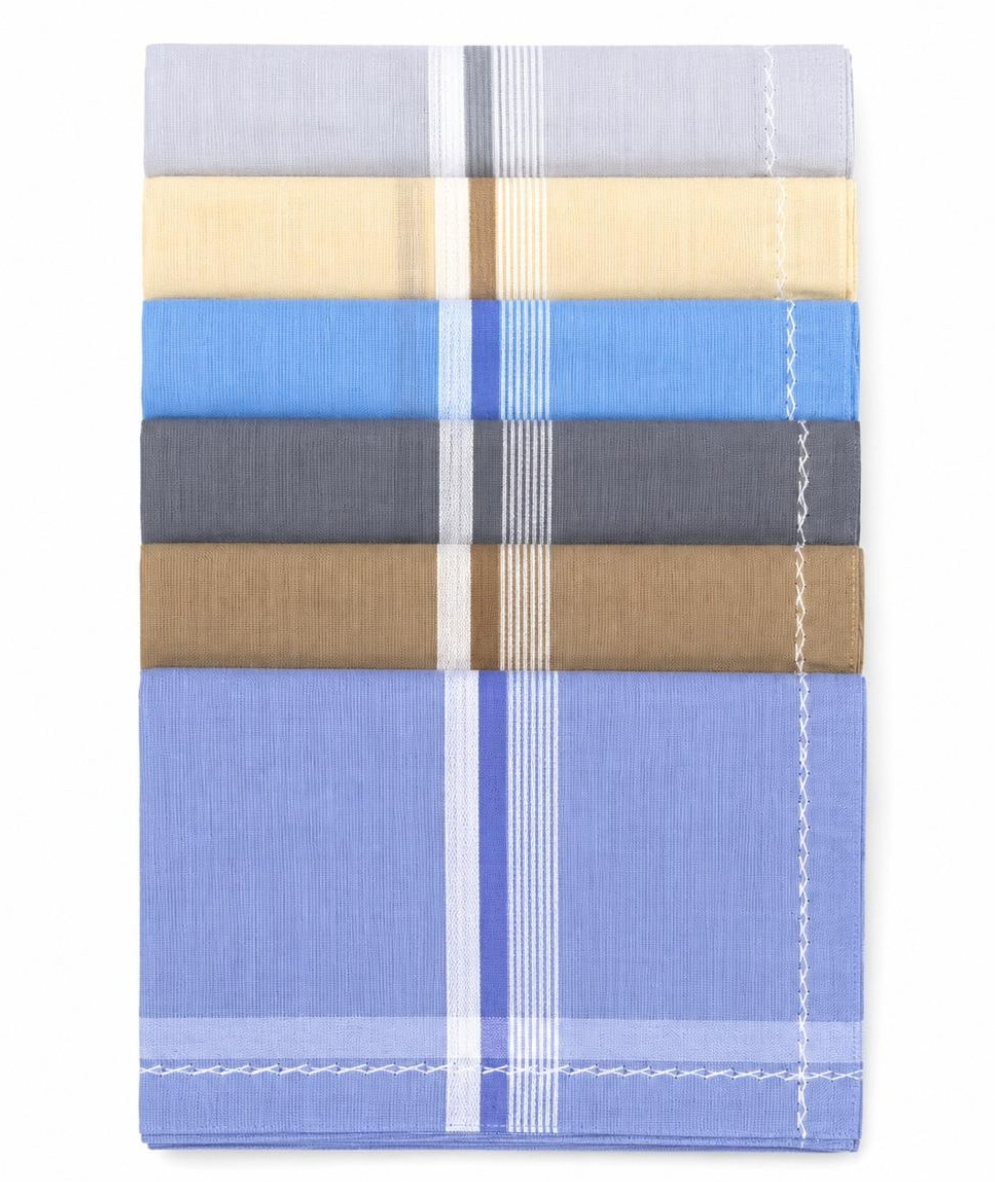 Six folded cotton handkerchiefs in light blue, grey, beige and cream shades