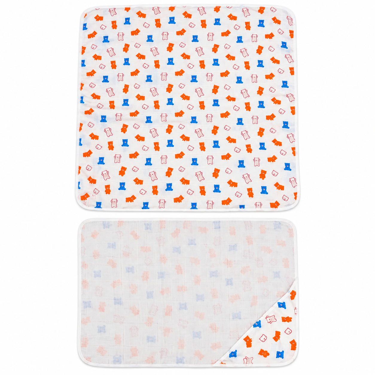 White muslin cap towel with orange and blue animal print